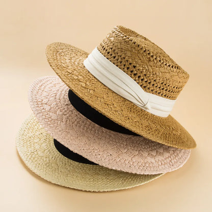 Fashion British Style Handmade Straw Woven Concave Top Hat Female Summer Vacation Seaside Sun-Proof Beach Hat