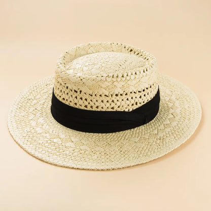 Fashion British Style Handmade Straw Woven Concave Top Hat Female Summer Vacation Seaside Sun-Proof Beach Hat