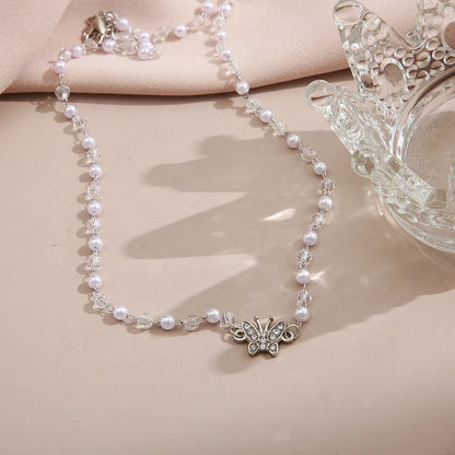 Fashion Butterfly Alloy Beaded Pearl Inlay Rhinestones Women'S Necklace 1 Piece