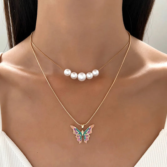 Fashion Butterfly Alloy Enamel Plating Artificial Pearls Women's Layered Necklaces 1 Piece