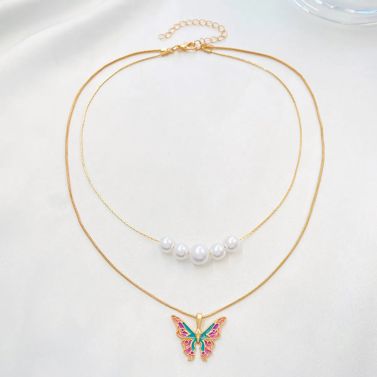 Fashion Butterfly Alloy Enamel Plating Artificial Pearls Women's Layered Necklaces 1 Piece