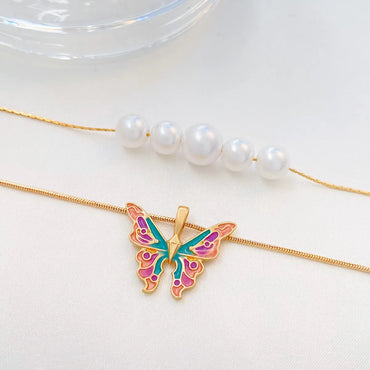 Fashion Butterfly Alloy Enamel Plating Artificial Pearls Women's Layered Necklaces 1 Piece