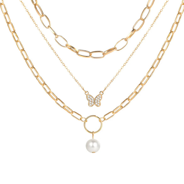 Fashion Butterfly Alloy Inlay Artificial Pearls Rhinestones Women's Clavicle Chain Layered Necklaces 1 Piece