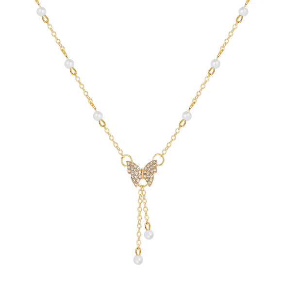 Fashion Butterfly Alloy Pearl Inlay Rhinestones Women'S Pendant Necklace 1 Piece