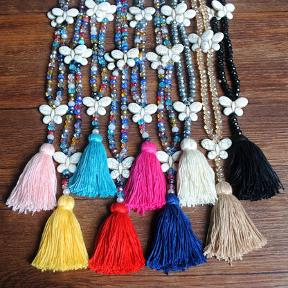 Fashion Butterfly Artificial Crystal Turquoise Beaded Tassel Women'S Necklace