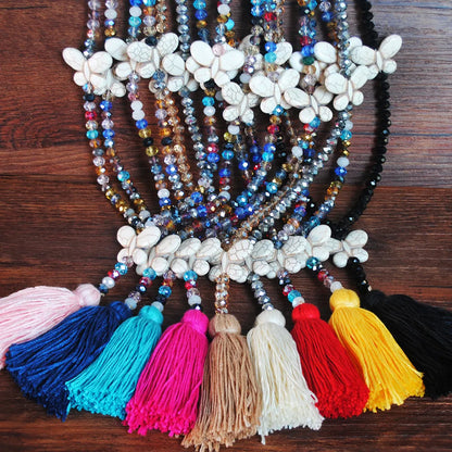 Fashion Butterfly Artificial Crystal Turquoise Beaded Tassel Women'S Necklace