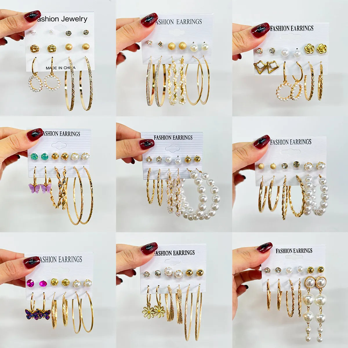 Fashion Butterfly Inlaid Pearl Alloy Geometric Hoop Earrings Six-piece Set