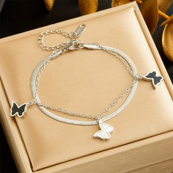 Fashion Butterfly Shell Stainless Steel Goldplated Doublelayered Chain Bracelet For Women