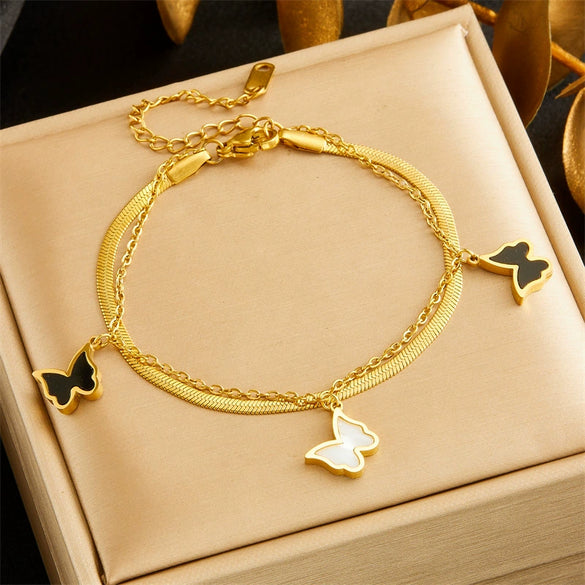 Fashion Butterfly Shell Stainless Steel Goldplated Doublelayered Chain Bracelet For Women