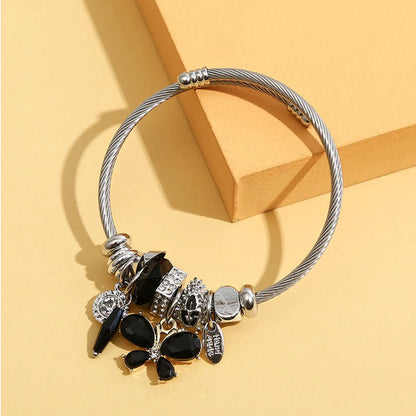 Fashion Butterfly Stainless Steel Beaded Inlay Glass Bangle