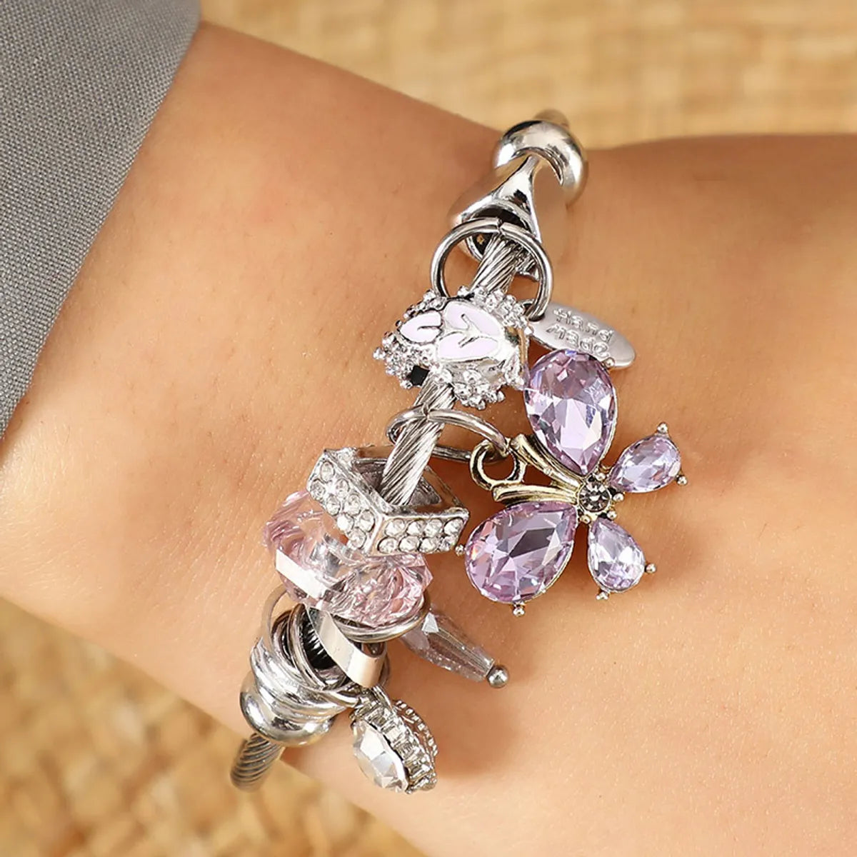 Fashion Butterfly Stainless Steel Beaded Inlay Glass Bangle