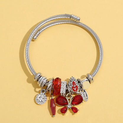 Fashion Butterfly Stainless Steel Beaded Inlay Glass Bangle