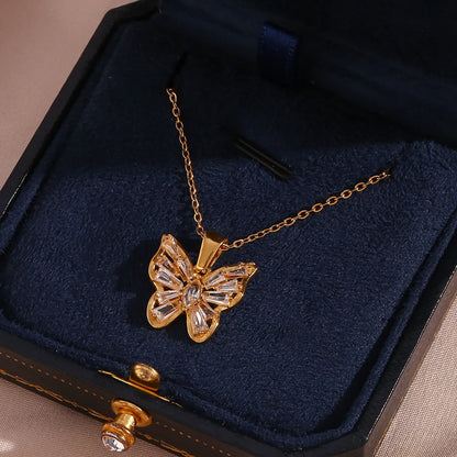 Wholesale Jewelry Fashion Butterfly 304 Stainless Steel Zircon 18K Gold Plated Plating Inlay Necklace