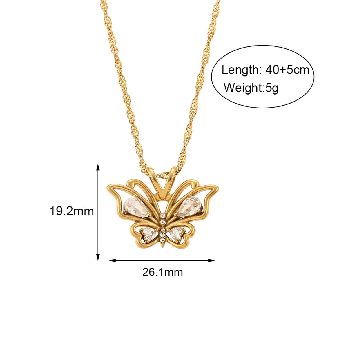 Wholesale Jewelry Fashion Butterfly 304 Stainless Steel Zircon 18K Gold Plated Plating Hollow Out Inlay Pendant Necklace