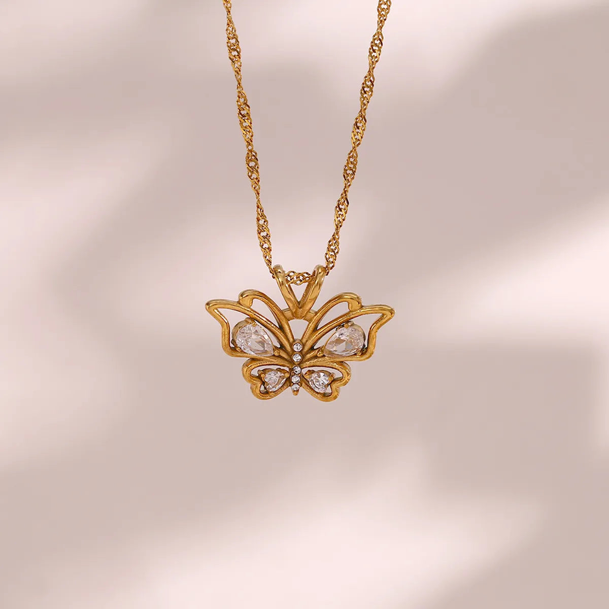 Wholesale Jewelry Fashion Butterfly 304 Stainless Steel Zircon 18K Gold Plated Plating Hollow Out Inlay Pendant Necklace