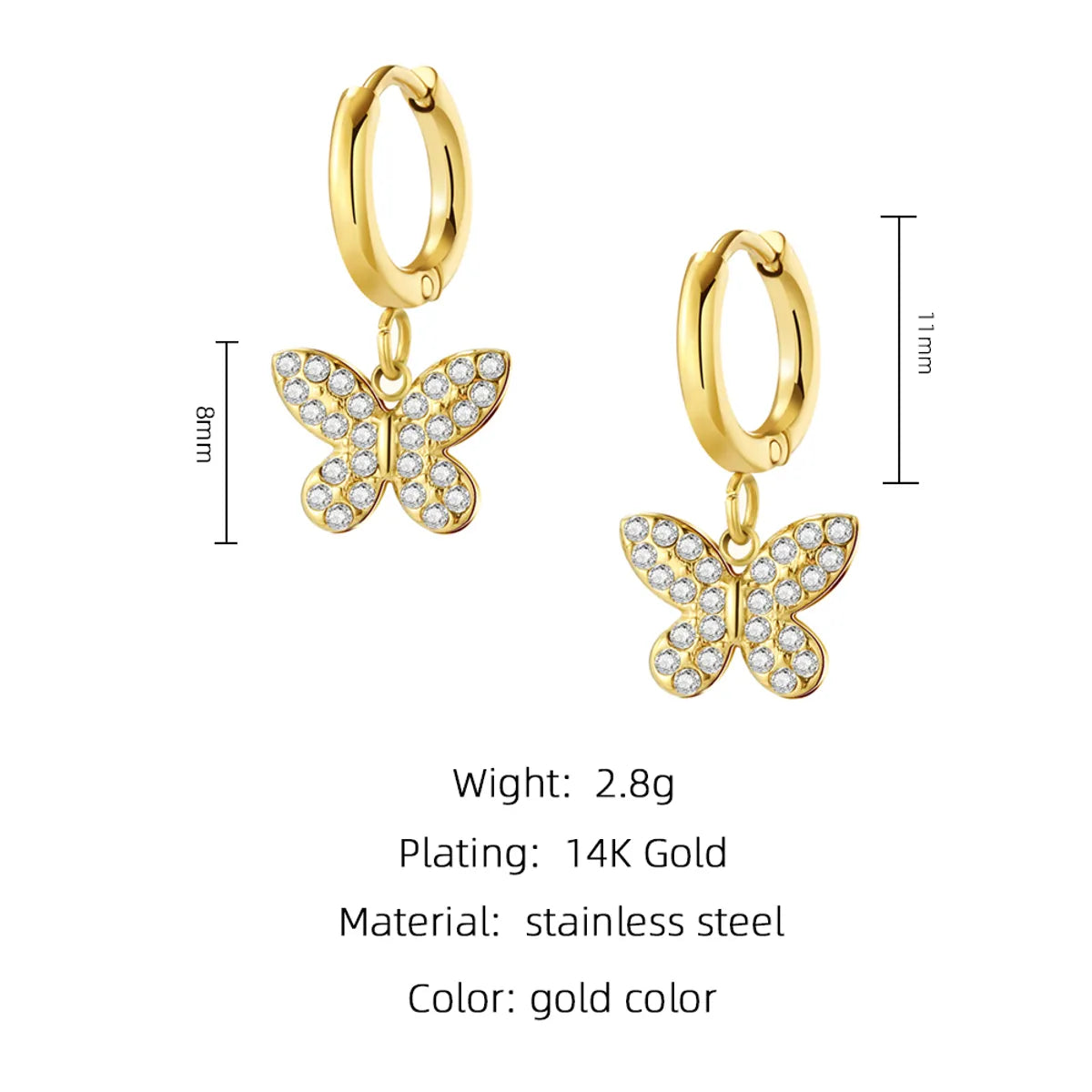 Fashion Butterfly Titanium Steel Drop Earrings Plating Inlay Artificial Diamond Stainless Steel Earrings