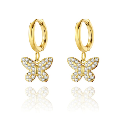 Fashion Butterfly Titanium Steel Drop Earrings Plating Inlay Artificial Diamond Stainless Steel Earrings