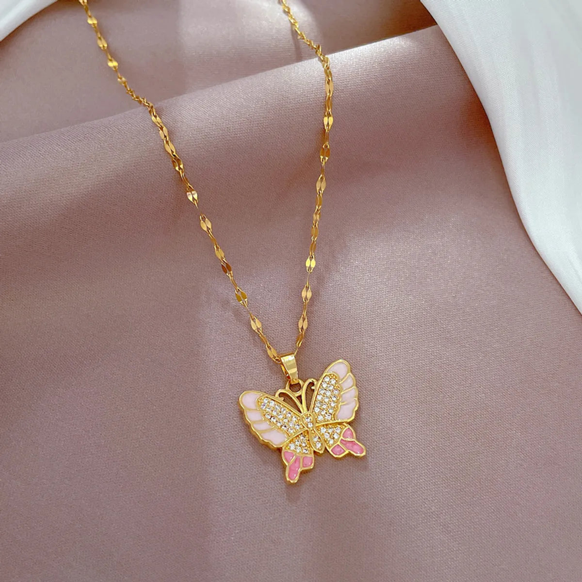 Fashion Butterfly Titanium Steel Copper Inlay Artificial Diamond Pendant Necklace