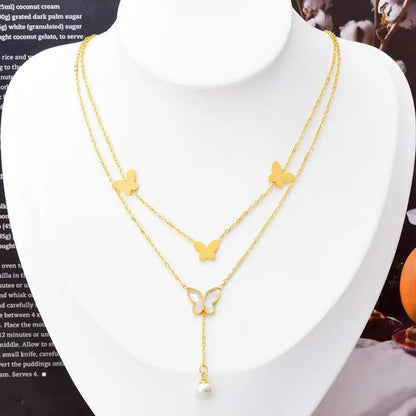 Fashion Butterfly Titanium Steel Inlay Artificial Pearls Shell Layered Necklaces 1 Piece