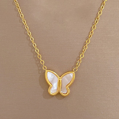 Fashion Butterfly Titanium Steel Inlay Shell Necklace