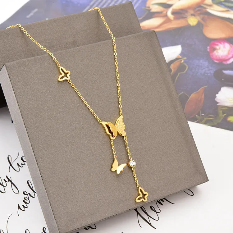 Fashion Butterfly Titanium Steel Necklace Inlay Zircon Stainless Steel Necklaces 1 Piece