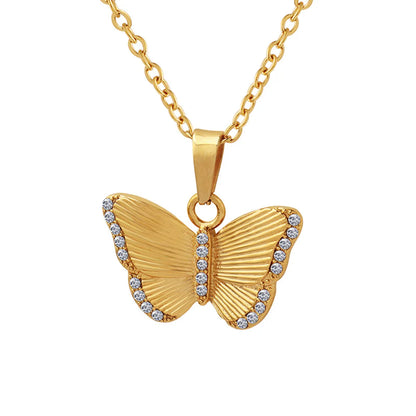 Fashion Butterfly Titanium Steel Pendant Necklace Plating Inlay Zircon Stainless Steel Necklaces