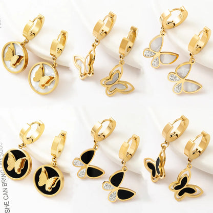 1 Pair Fashion Butterfly Polishing Plating Inlay Titanium Steel Shell Zircon Gold Plated Drop Earrings