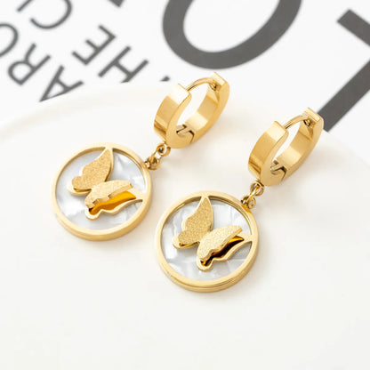 1 Pair Fashion Butterfly Polishing Plating Inlay Titanium Steel Shell Zircon Gold Plated Drop Earrings