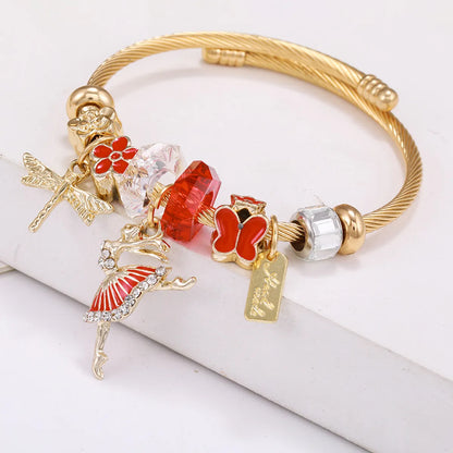 Fashion Butterfly Titanium Steel Stripe Enamel Metal Zircon Bangle 1 Piece