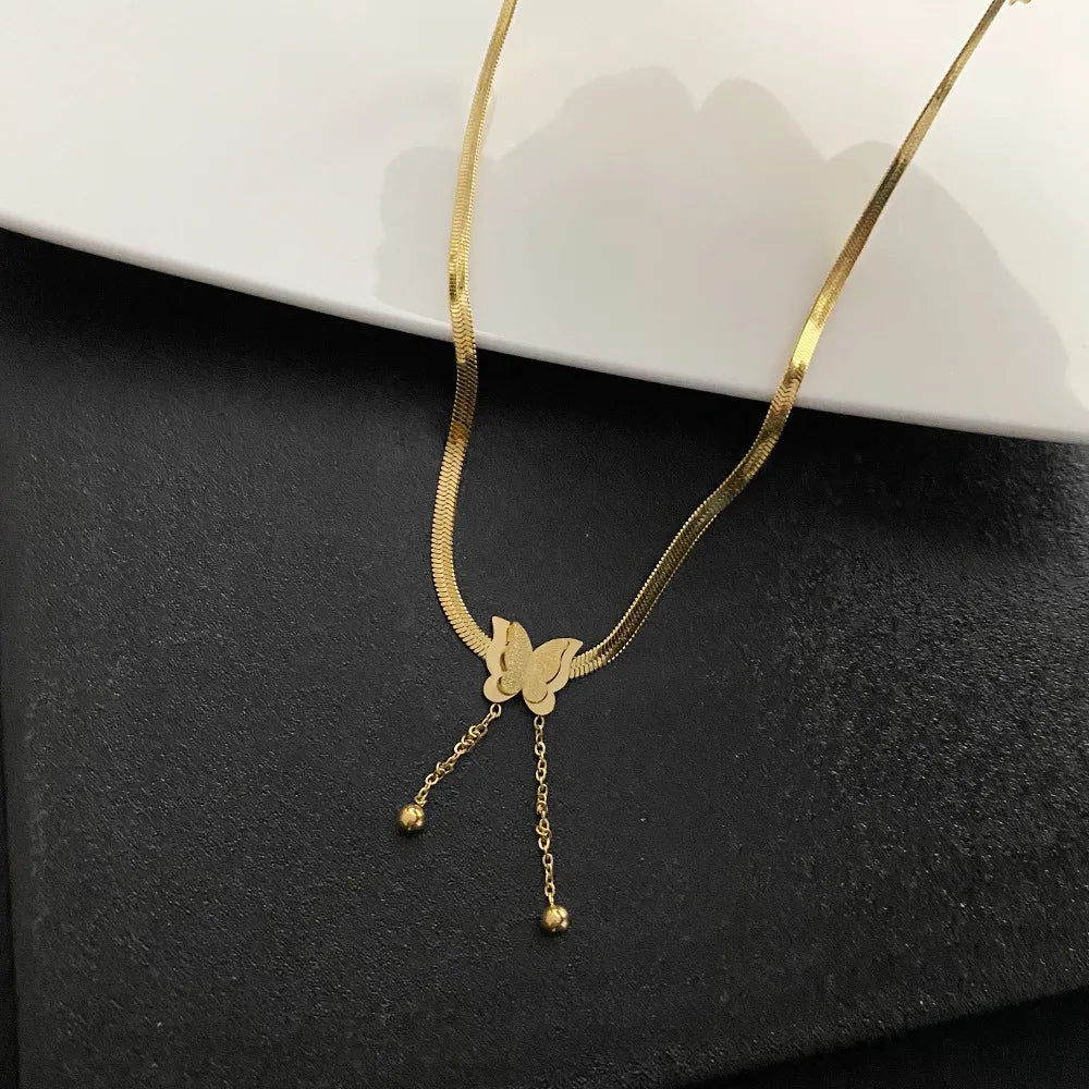 Wholesale Jewelry Fashion Butterfly Titanium Steel Titanium Steel 18K Gold Plated Gold Plated Silver Plated Tassel Pendant Necklace