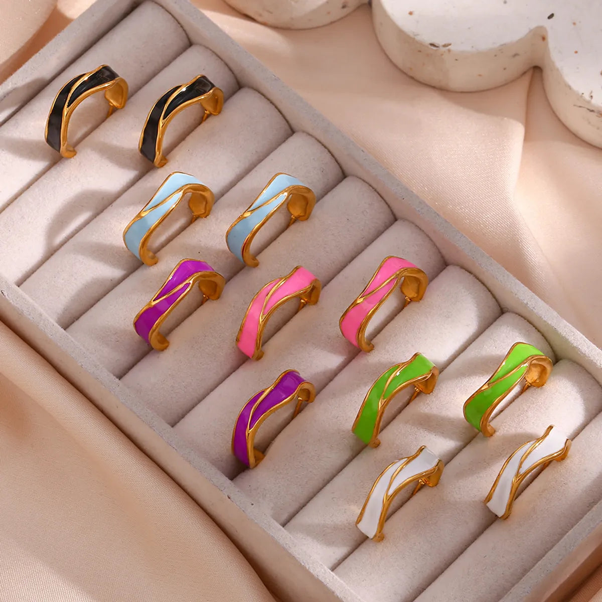 Fashion C Shape Enamel Plating Stainless Steel Gold Plated Hoop Earrings