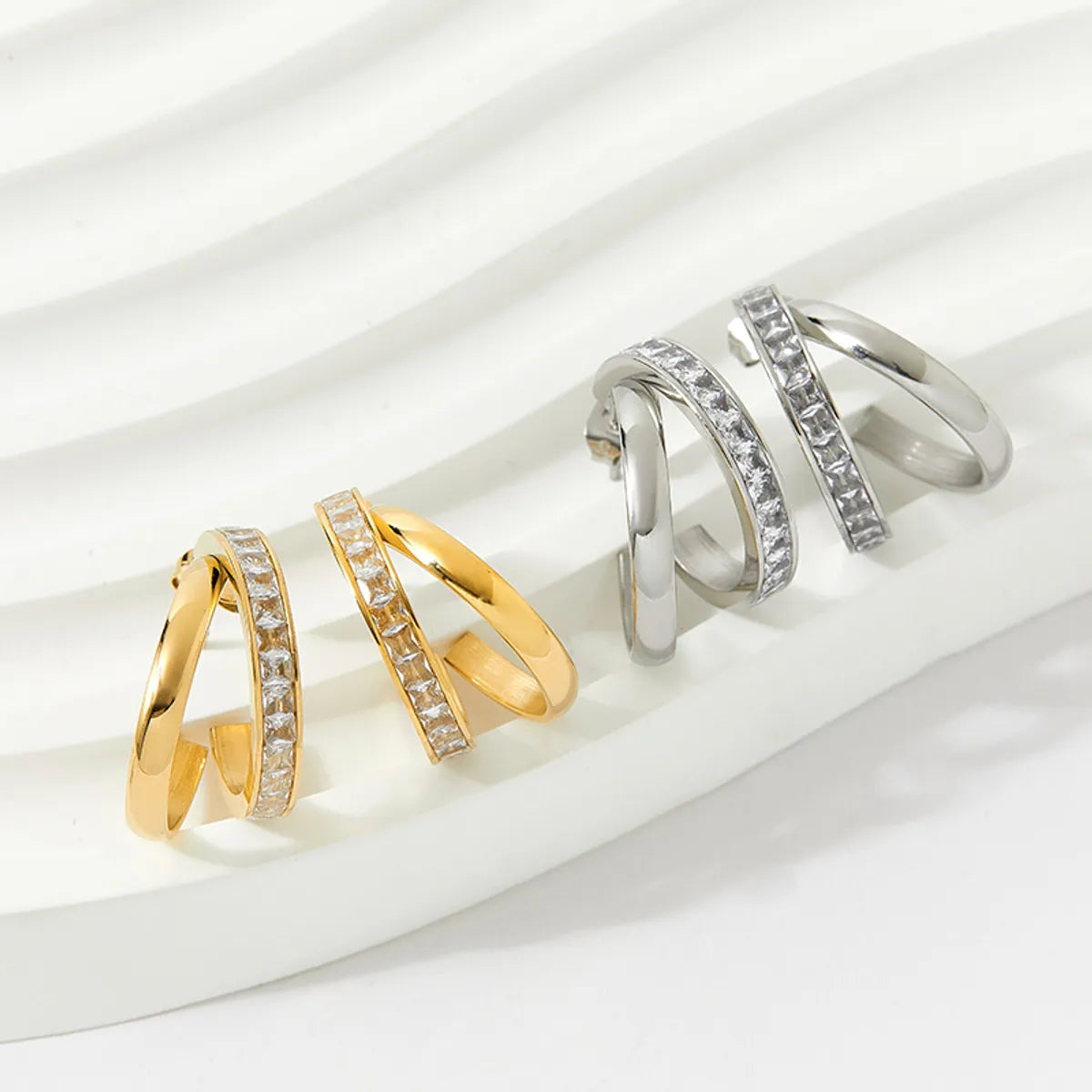 Fashion C Shape Inlay Stainless Steel Zircon Hoop Earrings