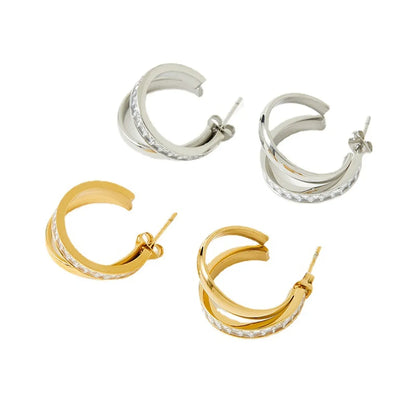 Fashion C Shape Inlay Stainless Steel Zircon Hoop Earrings