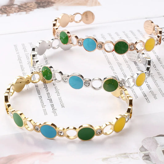 Fashion C Shape Stainless Steel Plating Rhinestones Bangle