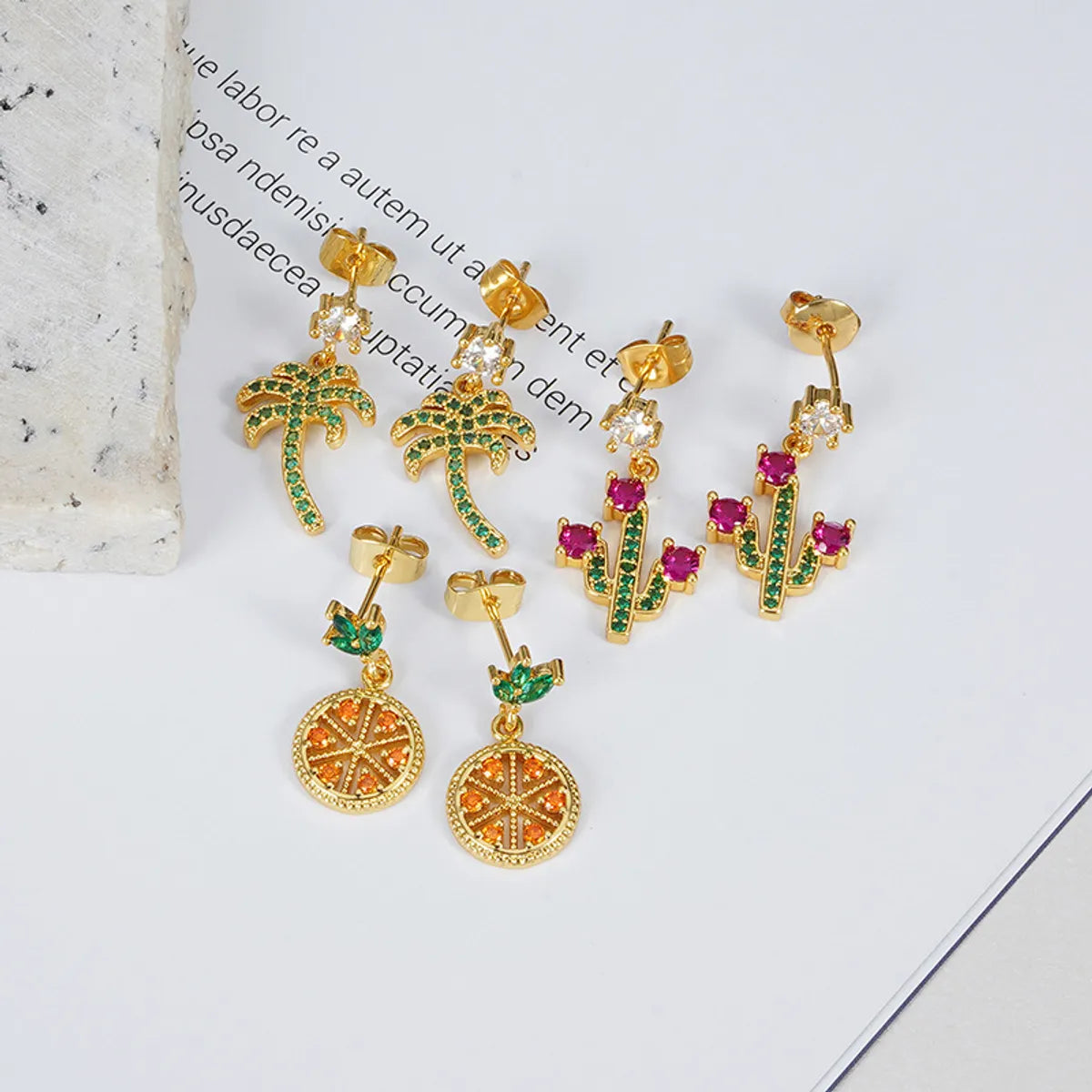 Fashion Cactus Palm Tree Copper Plating Zircon Drop Earrings 1 Pair