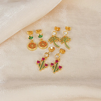 Fashion Cactus Palm Tree Copper Plating Zircon Drop Earrings 1 Pair