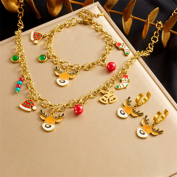 Fashion Cartoon Animals Stainless Steel Jewelry Set With Earrings Necklaces And Bracelets Electroplated O Chain And Little Bear Pig Pendant