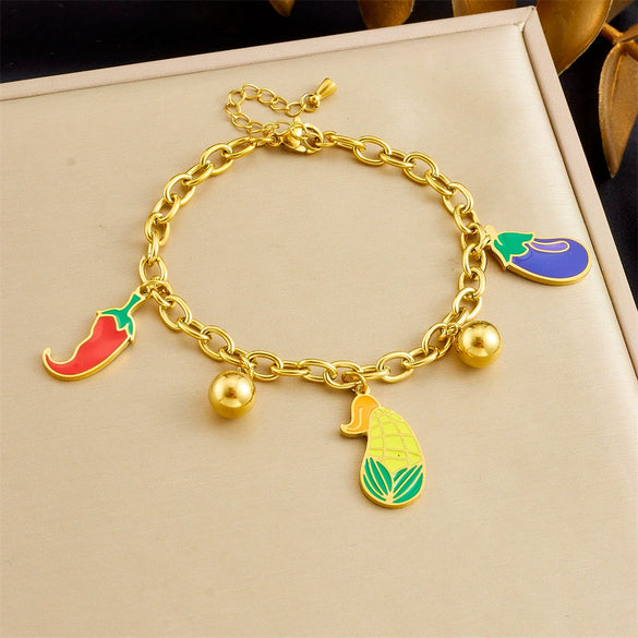 Fashion Cartoon Oil Dripping Simulation Vegetable Pendant Stainless Steel Chain Bracelet For Women Electroplated
