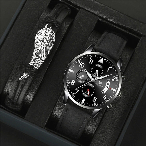 Fashion Casual Wings Bracelet Set And Men's Quartz Watch Alloy Case Imitation Leather Strap Stainless Steel Clasp Round Dial