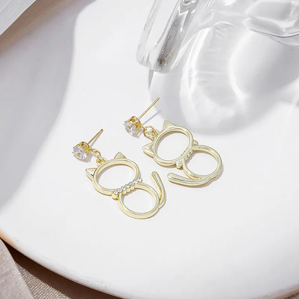 Fashion Cat Alloy Plating Hollow Out Inlay Zircon Women'S Drop Earrings 1 Pair