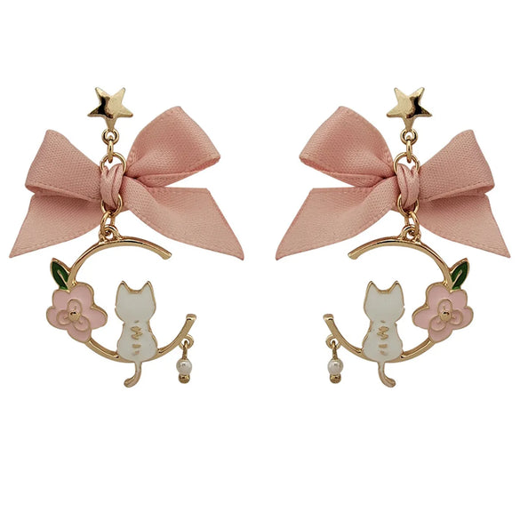 Fashion Cat Bow Knot Alloy Enamel Pearl Plating Women's Drop Earrings 1 Pair