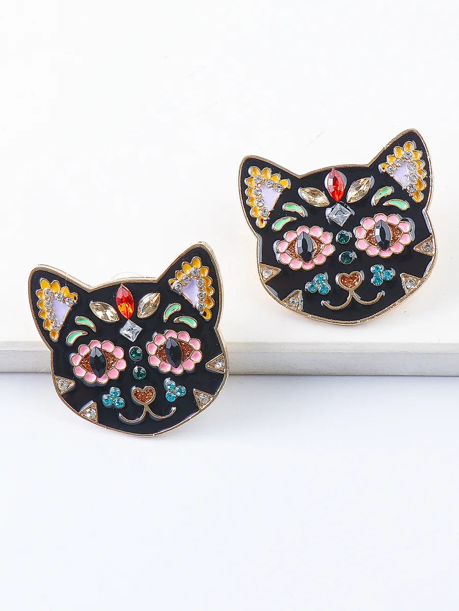 Fashion Cat Metal Inlay Rhinestones Women'S Earrings 1 Pair