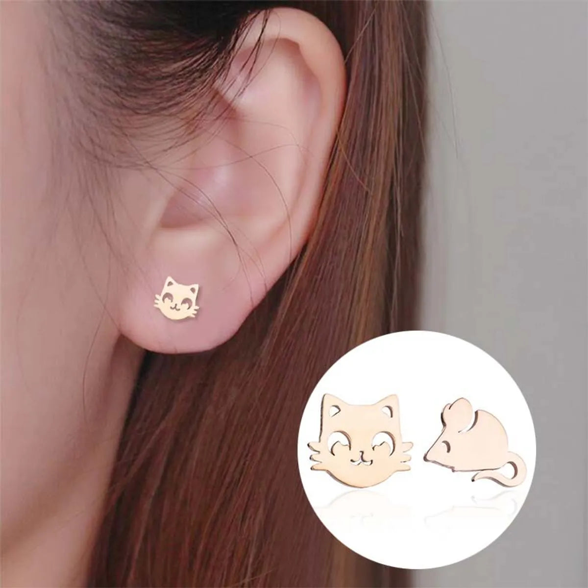 Fashion Cat Stainless Steel Plating Ear Studs 1 Pair