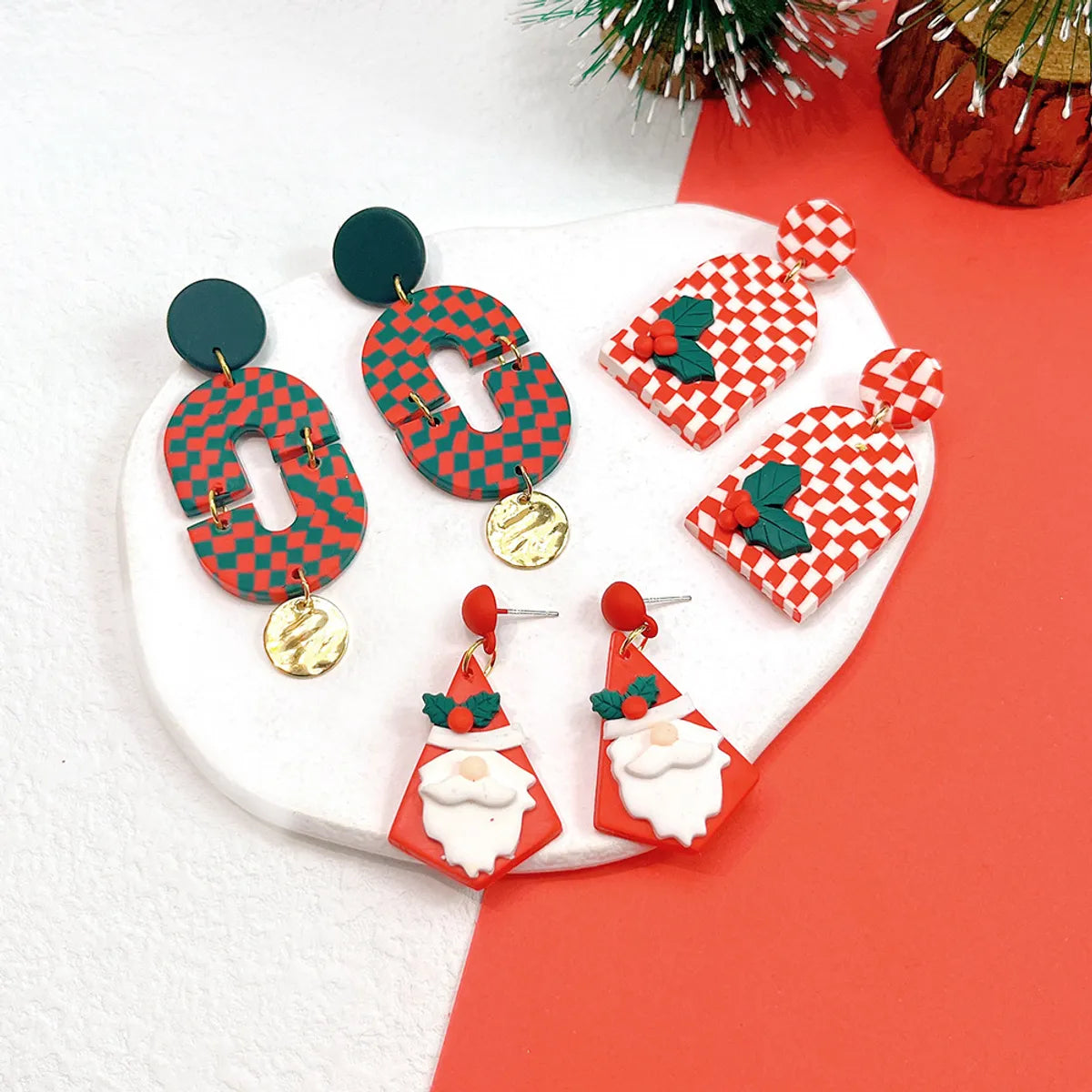 1 Pair Fashion Christmas Tree Star Soft Clay Drop Earrings