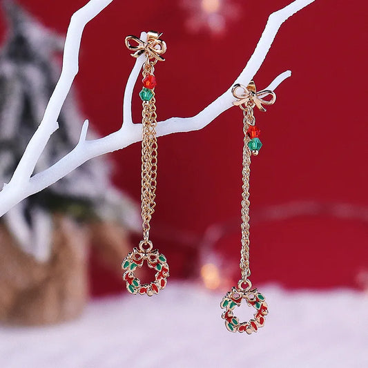 Fashion Christmas Tree Wreath Bell Alloy Chain Artificial Crystal Women'S Drop Earrings 1 Pair