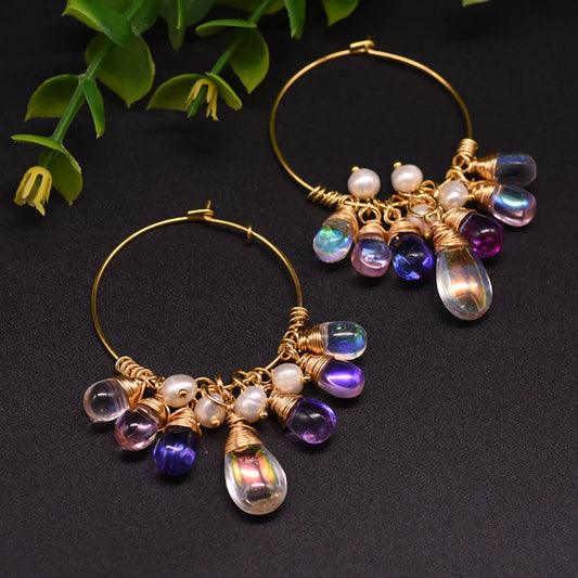 1 Pair Fashion Circle Inlay Freshwater Pearl Sterling Silver Artificial Crystal 18K Gold Plated Earrings