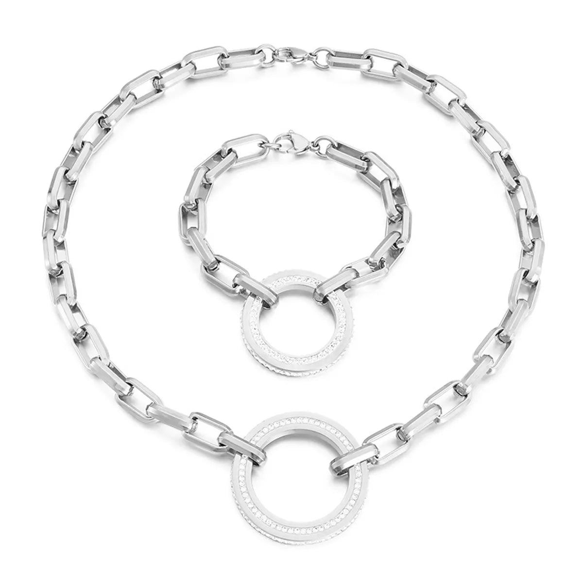 Fashion Circle Stainless Steel Artificial Rhinestones Bracelets Necklace 2 Pieces