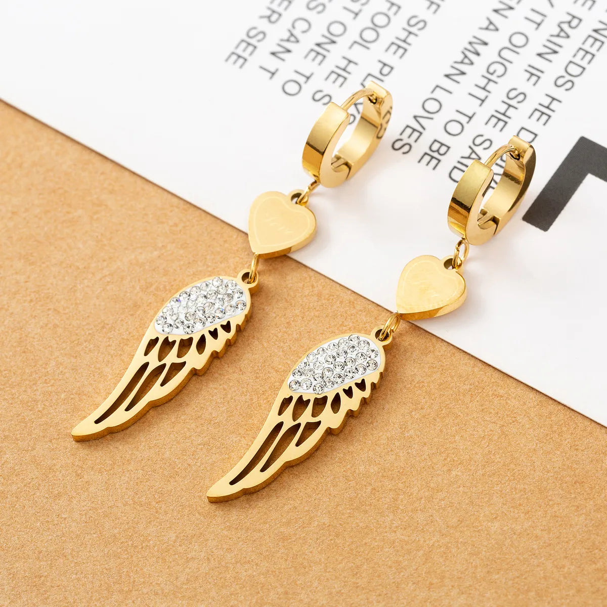 Fashion Circle Wings Titanium Steel Polishing Gold Plated Inlay Zircon Drop Earrings 1 Pair