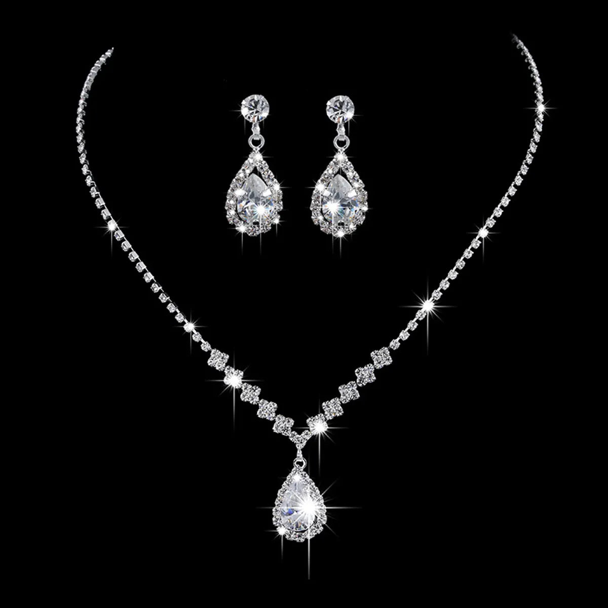 Fashion Claw Chain Rhinestone Zircon Angel Tear Drop Necklace Earrings Bridal Jewelry Set