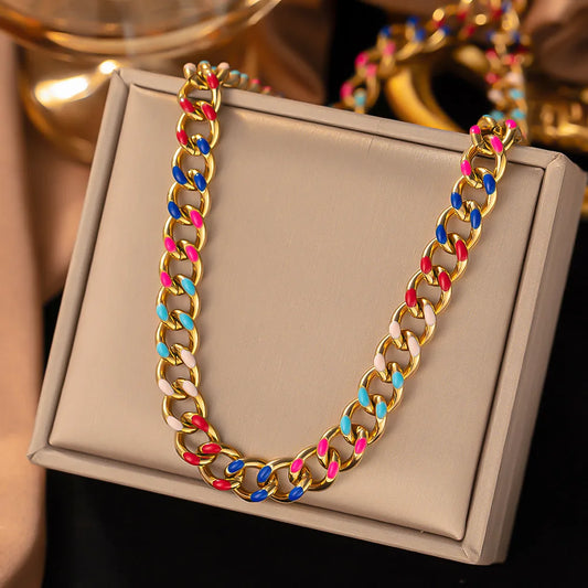 Fashion Color Block Titanium Steel Enamel Chain Jewelry Set 1 Piece